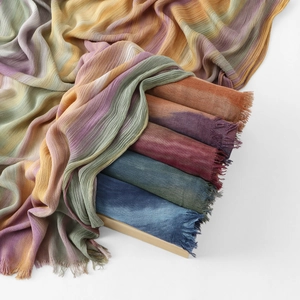 Women's Rainbow Gradient Pleated Rayon Scarf Bohemian Crinkled Shawl Wrap With Tassels For Travel Daily Fashion Accessory