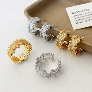 Copper Zircon C Shaped Earrings And Adjustable Open Rings Jewelry For Women Korean Light Luxury Geometric Fashion Accessories