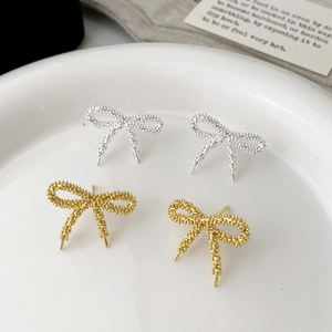 Bow Stud Earrings Copper 18K Gold Silver Plated Textured Irregular Ribbon Elegant Fashion Jewelry For Women