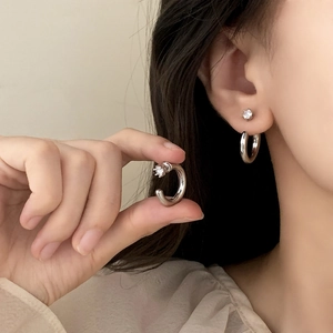 Elegant silver C-shaped stud earrings featuring a round zircon stone inlay for women
