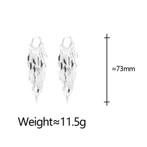 Boucles d'oreilles longues à pampilles feuilles argentées, design à étages, 73mm