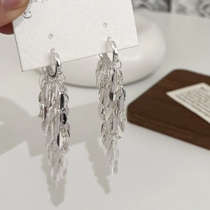 Vue macro de boucles d'oreilles à pampilles en argent sur carte de présentation