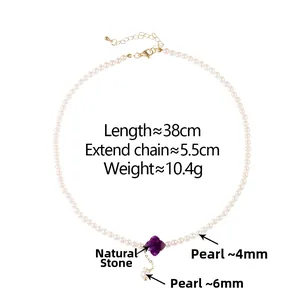 Detail view of pearl necklace featuring a purple stone flower pendant and dimensions