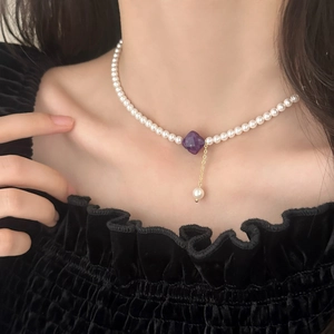 Vintage Shell Artificial Pearl Necklace With Natural Stone Four Leaf Clover Flower Copper Pendant Elegant Clavicle Chain Jewelry