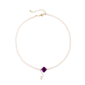 Elegant pearl necklace with purple flower pendant and adjustable golden lobster clasp