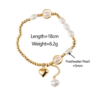 Elegant 18cm gold bead freshwater pearl heart bracelet with minimalist design