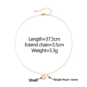 Détail du collier doré avec pendentif coquillage, chaîne de 37,5cm et perle de 6mm