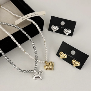 Elegant Heart Pendant Necklace Earrings Copper Jewelry With Imitation Artificial Pearl Beads For Women Trendy Gold Silver Color