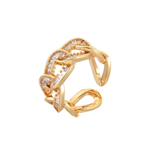 Elegant gold-plated chain-link ring with white rectangular zircons on white background