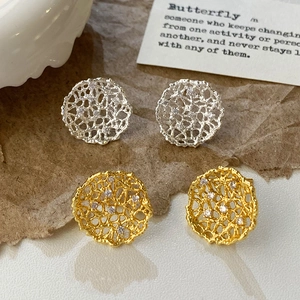 French Style Round Hollow Lace Stud Earrings Copper Zircon Inlaid Geometric Elegant Jewelry For Women Gold Plated