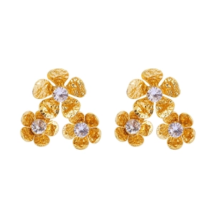 Elegant gold flower stud earrings with hammered metal petals and sparkling zircon centers