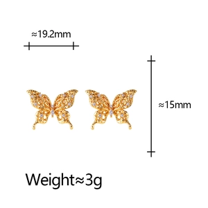 Elegant gold butterfly studs with hollow lace design and zircon stones measurement