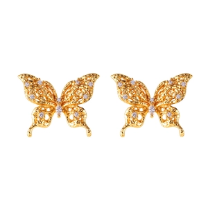 Elegant gold butterfly stud earrings with hollow wings and sparkling crystal inlay
