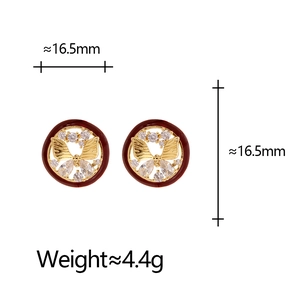 Vintage gold butterfly stud earrings with red enamel and zircon stones, 16.5mm size