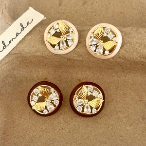 French Vintage Round Butterfly Stud Earrings With Copper Earring Post Zircon Inlay 18k Gold Plated Enamel Fashion Jewelry