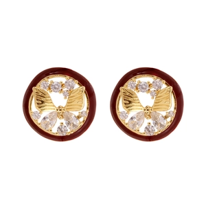 French vintage gold butterfly earrings with zircon inlay and red enamel finish