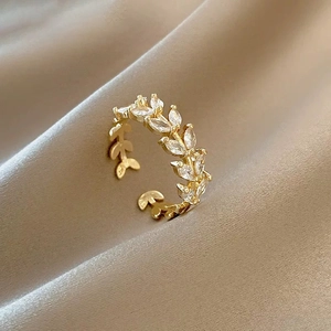 Leaf Vine Adjustable Open Ring Copper With Marquise Cubic Zirconia Elegant Fashion Jewelry For Women Simple Daily Gift