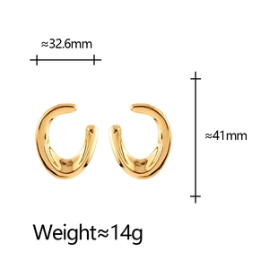 Polished gold C-shaped organic earrings with dimensions 32.6mm by 41mm and 14g weight