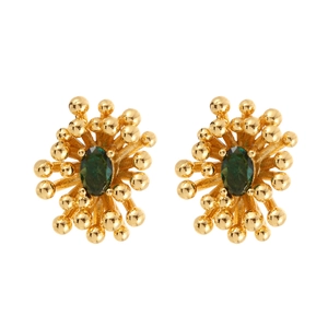 Golden sunburst stud earrings with oval green gemstone center and radiant metal rods