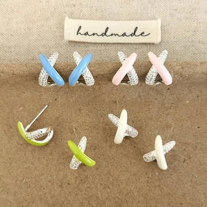 Geometric Cross X Stud Earrings Copper With Enamel And Zirconia With Silver Earring Post Sweet Style Jewelry For Women