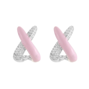 Silver X-shaped stud earrings with pink enamel and sparkling pavé zircon stones