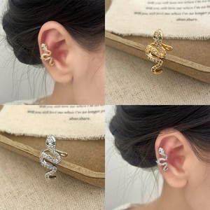 Snake Ear Bone Clip Copper Inlaid White Green Zircon Non Pierced Wrap Around Ear Cuff Jewelry For Women Trendy