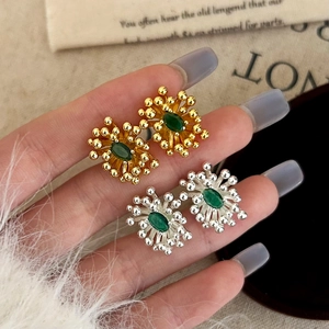 Sunflower Stud Earrings Copper Green Zircon Retro Luxury Floral Niche Jewelry For Women