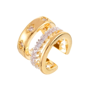 Three-layer gold ear cuff with pavé crystals and minimalist geometric engraving for women
