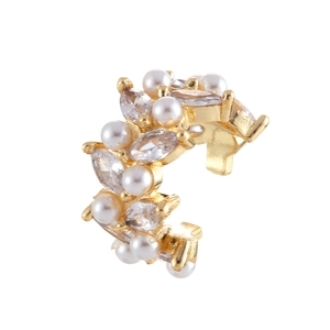 Elegant gold ear cuff featuring sparkling marquise-cut zircons and white round pearls