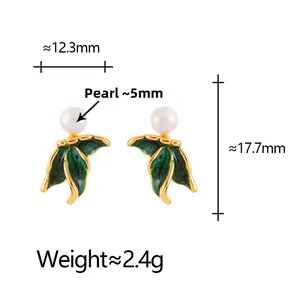 Dimensions détaillées des boucles d'oreilles émail vert avec perle de 5mm
