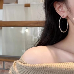Elegant large silver hoop earrings with micro-pave cubic zirconia on a female model