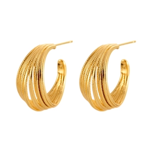 Elegant gold C-shaped hoop earrings with layered spiral textures for a modern look