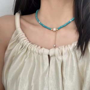 Beaded Necklace Turquoise Artificial Pearl Copper 14K Gold Plated Y-Shaped Tassel Pendant Bohemian Retro Elegant Jewelry For Women