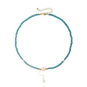 Bohemian turquoise bead necklace with white pearl pendant and gold adjustable chain