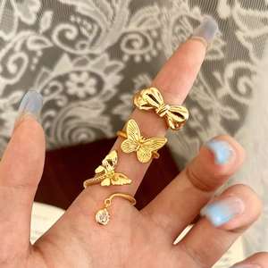 Butterfly Bow Open Rings For Women Copper Gold Color Adjustable Zircon Sweet Elegant Minimalist Hand Jewelry