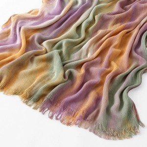 Rainbow gradient pleated cotton scarf with fringe trim in soft minimalist style