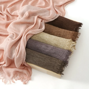 Women Crinkle Pleated Scarf Solid Color Cotton Linen Blend Shawl With Fringes Long Soft Wrap For Daily Travel Ethnic Style Versatile Scarf
