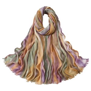 Rainbow pleated long scarf for women with ombre colors and chic frayed edges
