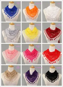 Lace triangle scarf in 12 colors featuring delicate hollow rose patterns and bead trim