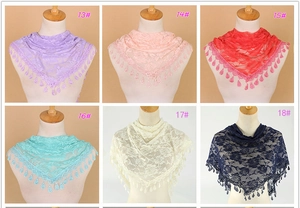 Lace triangle scarf detail showing rose flower hollow patterns and drop tassel fringe in 6 colors