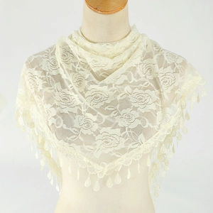 Elegant cream lace triangle shawl with floral rose patterns and teardrop fringe detail