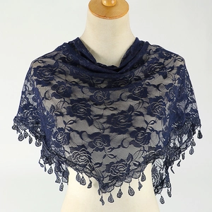 Navy blue lace triangle scarf with rose patterns and elegant teardrop fringe details
