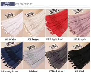 Detail view of lace embroidery and fringe tassels on a tie-dye cotton linen shawl scarf