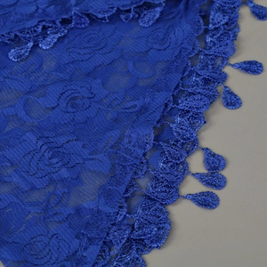 Royal blue lace triangle scarf with rose floral patterns and droplet tassel fringe