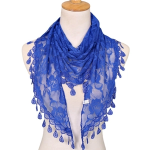 Royal blue lace triangle scarf for women with hollow floral patterns and fringe tassels