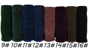 Detail showing various colors of metallic gold thread scarves with sparkling textures