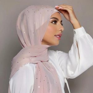 Châle Hijab en Mousseline Élégant pour Femmes Avec Strass Thermocollants Bordure Perle Écharpe Longue Couleur Unie Foulard Musulman