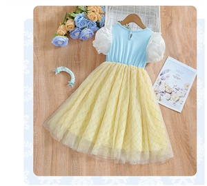 Robe de princesse pour fille style Blanche-Neige avec corsage bleu et jupe en tulle jaune