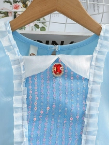 Robe de princesse bleue pour filles avec paillettes, gemme rouge et volants en tulle