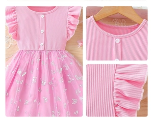 Detail of pink toddler dress featuring rib-knit bodice, ruffled sleeves and butterfly sequins